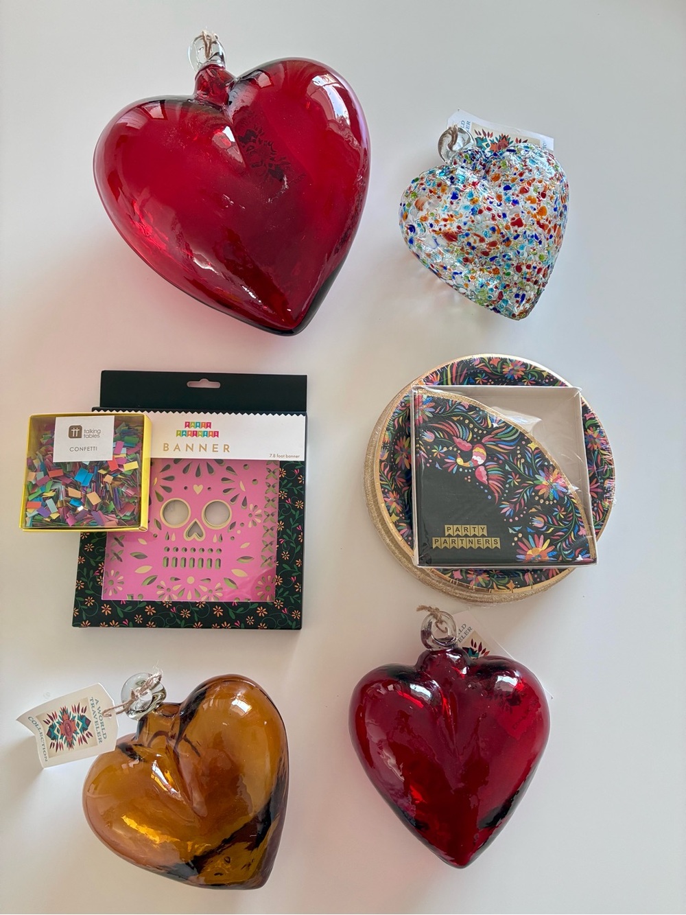 Mexican Party set, Handblown glass heart shape, multi colors, Napkins, Plates.
